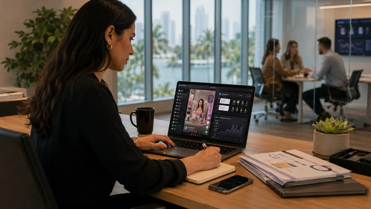 TikTok Shop manager reviewing social commerce analytics and live shopping content