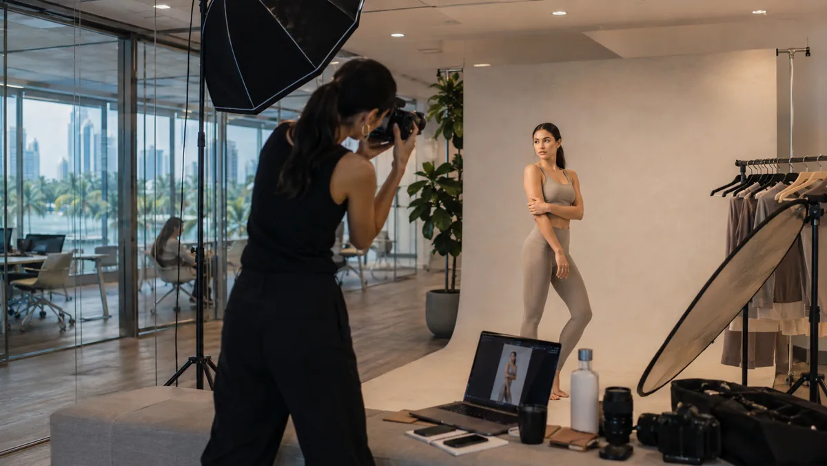 Brand photographer producing creator-led content in a professional studio